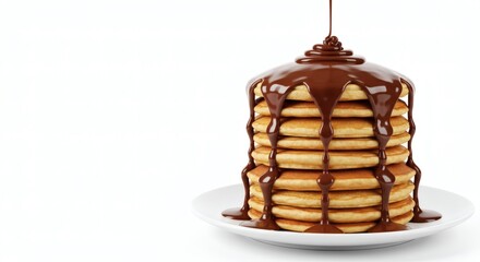 Towering Pancake Stack with Rich Chocolate Sauce Drizzle
