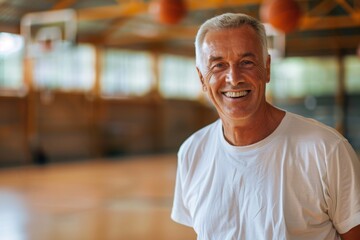 Obraz premium Smiling portrait of a senior male Caucasian basketball player wearing a white t shirt in an indoor basketball gym