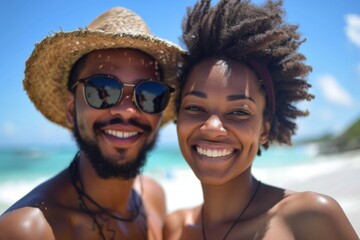 Fototapeta premium Smiling portrait of a young African American couple on a vacation on a tropic beach