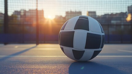 A soccer ball rests on a court in beautiful sunset light