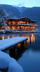 Fototapeta premium A waterfront house is aglow with lights beside a snow-covered dock on a serene winter night.