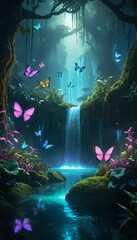 Fototapeta premium Enchanted Fantasy Jungle in 8K UHD | Mystical Glowing Foliage, Waterfalls & Butterflies EN137