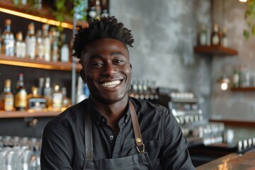 Naklejka premium Smiling portrait of a young African American male bartender in a modern bar