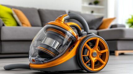 Fototapeta premium Modern orange vacuum cleaner on a wooden floor in a stylish living room