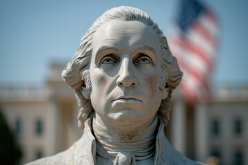 George Washington statue displaying strong leadership against American flag  