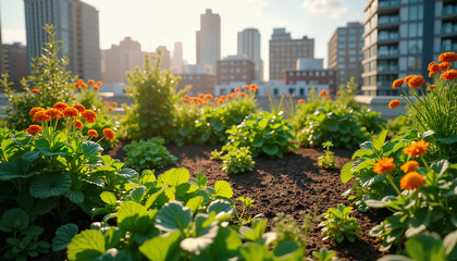 Fototapeta premium Urban garden blooming with orange flowers against city skyline, Eco-Friendly Home Designs 