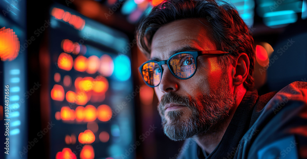Poster A cybersecurity expert analyzes data on multiple screens during a risk management session focused on preventing potential breaches. This is crucial for maintaining data security in real-time.