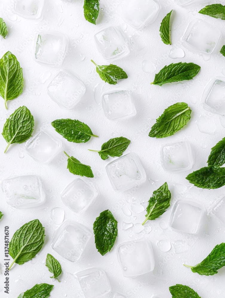 Poster flat lay of multiple ice cubes scattered on a white background. the ice cubes are of different sizes