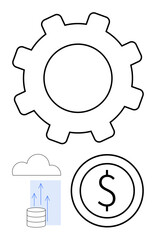 Gear symbolizing functionality, cloud storing data with upward arrows, and dollar coin framing value. Ideal for technology, business, finance, innovation, productivity, economic growth and cloud