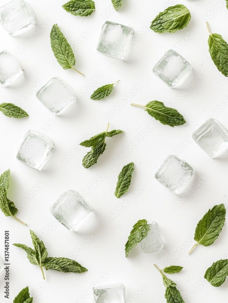 Poster flat lay of multiple ice cubes scattered on a white background. the ice cubes are of different sizes