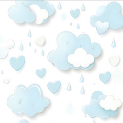 Small fresh style with light blue clouds and heartshaped raindrops soft colors white background soft clouds soft hearts convex small fresh style