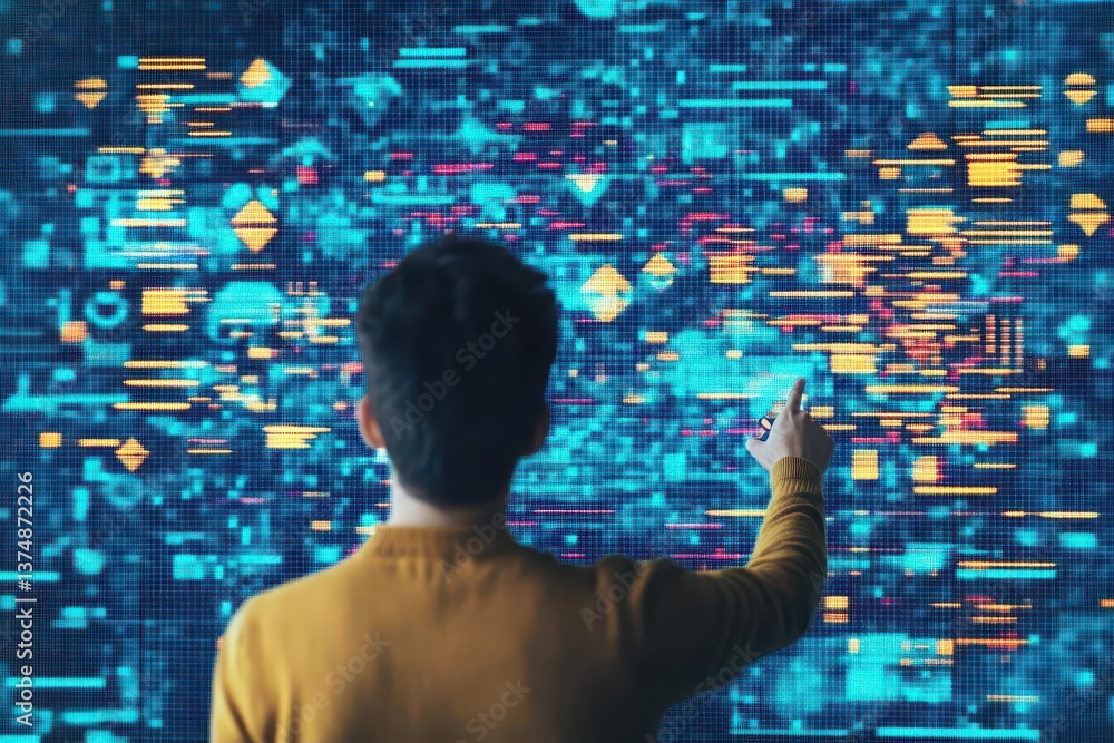 Poster Back view of young european man using hud screen with various digital arrows on blue pixel background Metaverse, augmented reality, choice and direction concept