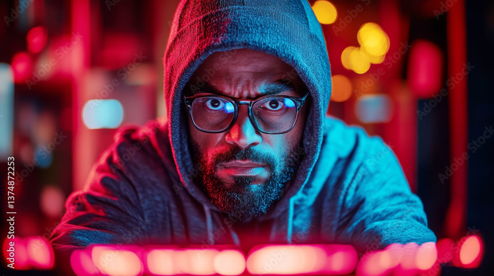 Poster a cybersecurity professional focuses intently on a computer screen, surrounded by vibrant lighting.