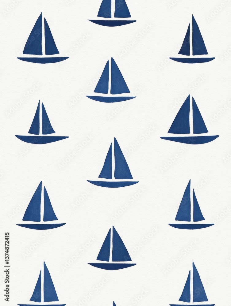 Poster repeating pattern of blue sailboats on a white background. the sailboats are arranged in a grid-like