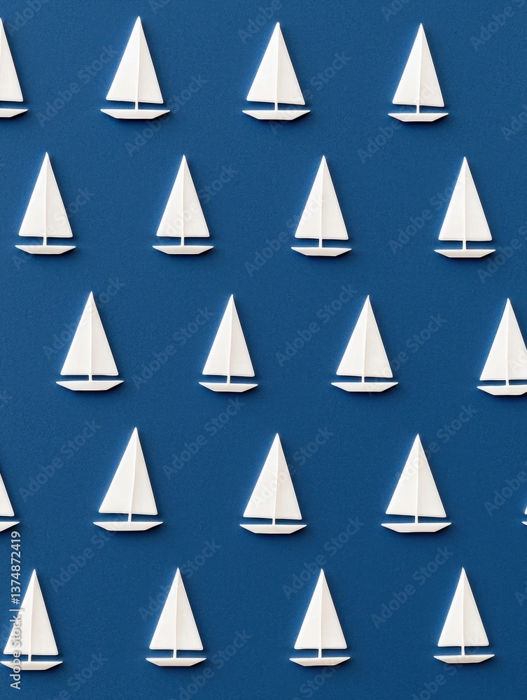 Fototapete repeating pattern of white paper boats on a dark blue background. the boats are arranged in a grid-l