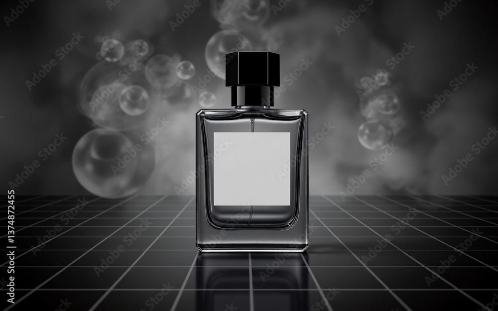 Poster a sleek perfume bottle stands centered on a grid surface, set against a backdrop of smoky mist and f