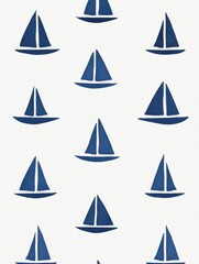 Repeating pattern of blue sailboats on a white background. the sailboats are arranged in a grid-like pattern, with each boat having a triangular shape and a pointed bow.