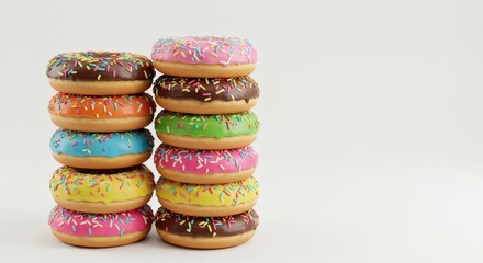 Vibrant Stack of Colorful Glazed Donuts with Sprinkles on White