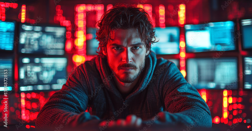 Poster a cybersecurity expert sits at a desk surrounded by glowing screens, focused on analyzing data breac