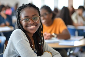 Smiling portrait of a young female African American student in a college in the USA