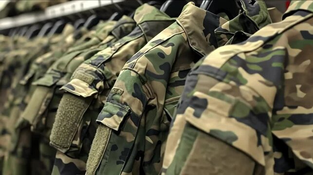 Row of military camouflage jackets on hangers representing uniform design and defense industry.