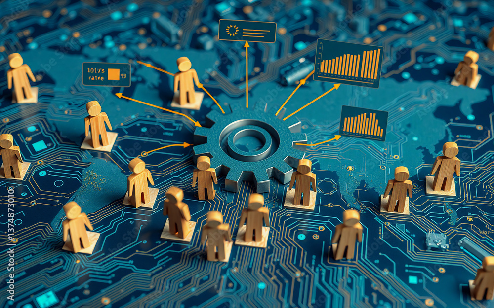 Poster wooden figures on a circuit board are connected to a central gear and data charts, representing a te