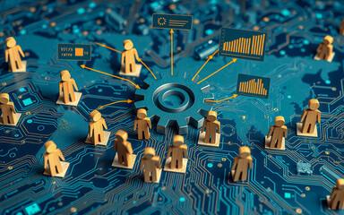 Wooden figures on a circuit board are connected to a central gear and data charts, representing a technological network and data analysis.