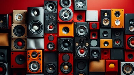 A vibrant arrangement of various speakers in different colors and sizes