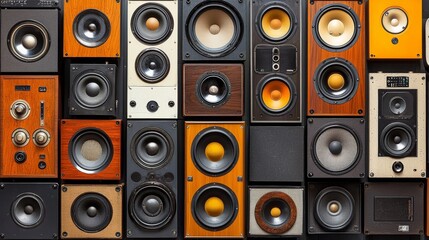 A vibrant collection of vintage speakers arranged in a stylish pattern