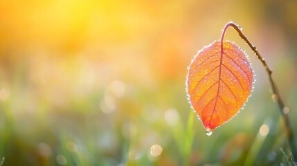 Orange Leaf with Dew Drops Glistening in Morning Light
