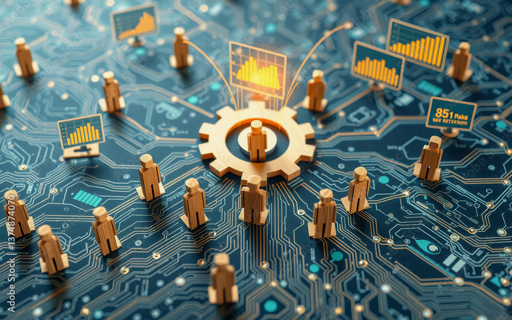 Poster golden figures stand on a circuit board, connected to a central gear figure. screens display graphs 