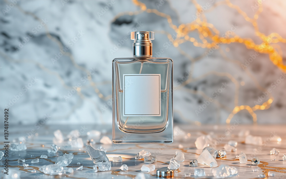 Poster elegant perfume bottle stands on marble surface scattered with ice fragments under soft light, creat