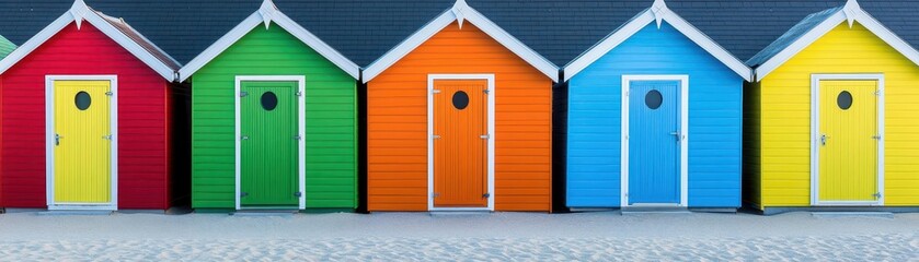 Beach huts in various vibrant colors like green orange red blue and yellow complete with doors and windows are aligned in a row creating a visually appealing copy space image