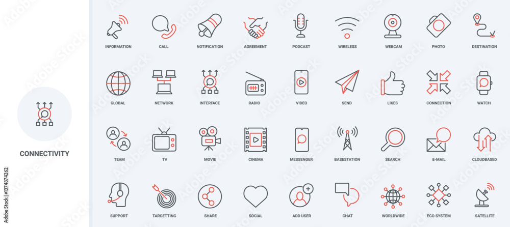 Poster network connection for communication process, data share and download line icon set. app for social 
