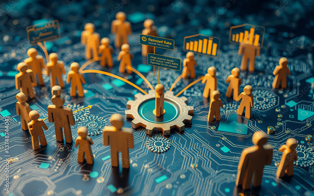 Poster a group of figures are gathered around a central gear on a vibrant circuit board. speech bubbles and