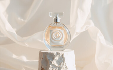 Elegant perfume bottle with a swirl design sits on a textured white stone pedestal. Soft, draped white fabric creates a gentle background in a studio setting.