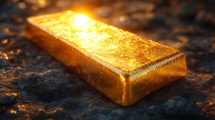 A flawless 3D-rendered gold bar gleams with opulence, symbolizing wealth, success, and financial security. Its smooth, polished surface reflects luxury, prestige, and timeless value in a modern settin