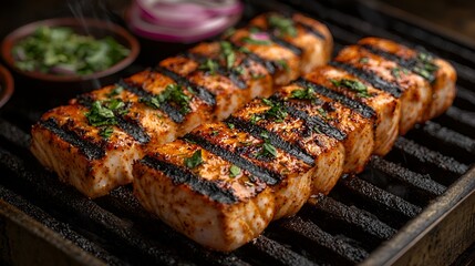 Grilled Fish on Hot Grill with Onions