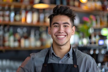 Naklejka premium Smiling portrait of a young Hispanic male bartender in a modern bar