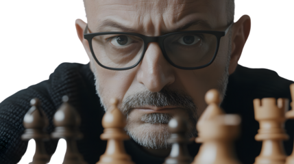 Closeup of a man with glasses intensely focused on a chessboard