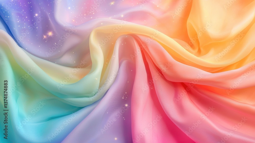 Poster pastel rainbow fabric flows with delicate sparkles creating a dreamy, iridescent texture that captiv