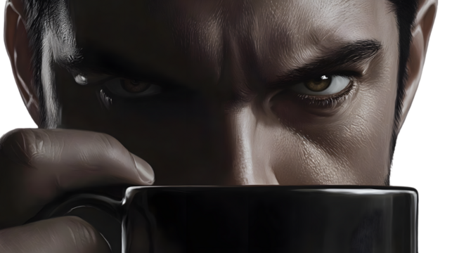 Closeup of a mans intense gaze holding a dark mug