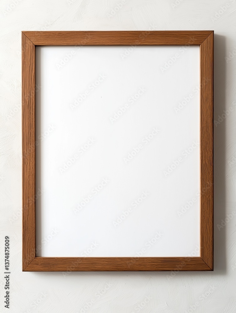Poster square wooden frame hanging on a white wall. the frame is made of a light-colored wood with a smooth