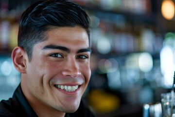 Obraz premium Smiling portrait of a young Hispanic male bartender in a modern bar