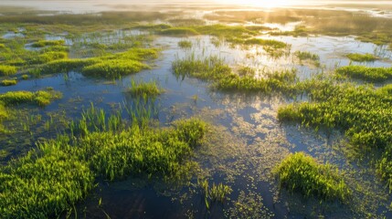 Fototapeta premium Marshland Water Reflection at Sunrise with Green Grass and Mist