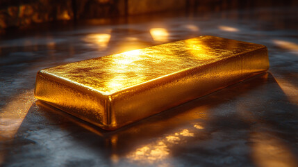 A flawless 3D-rendered gold bar gleams with opulence, symbolizing wealth, success, and financial security. Its smooth, polished surface reflects luxury, prestige, and timeless value in a modern settin