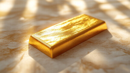 A flawless 3D-rendered gold bar gleams with opulence, symbolizing wealth, success, and financial security. Its smooth, polished surface reflects luxury, prestige, and timeless value in a modern settin