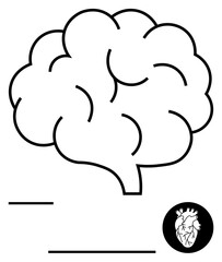 Simple brain contour with a contrasting small heart graphic. Ideal for psychology, emotional intelligence, mental health, education, neuroscience, decision-making, mindfulness. Flat simple metaphor