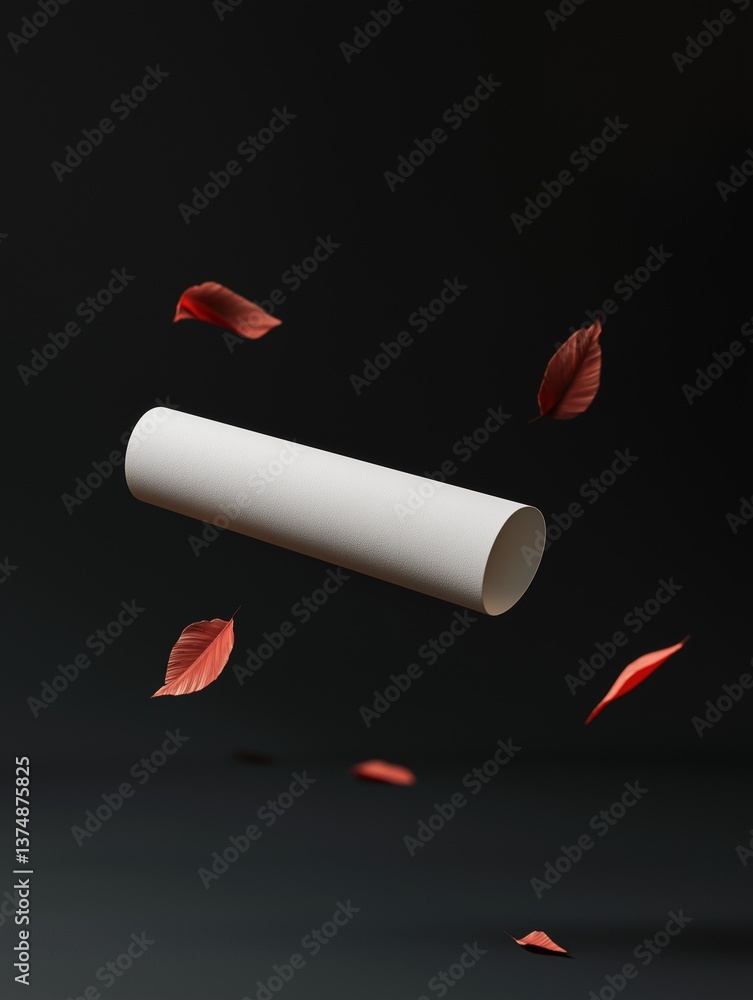 Poster white cylindrical object floating in the air against a black background. the object appears to be ma