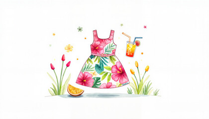 Naklejka premium Colorful floral dress with tropical drink and fruit surrounded by flowers 
